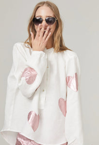Cupid Linen Shirt Off-White w/ Metallic Pink Hearts