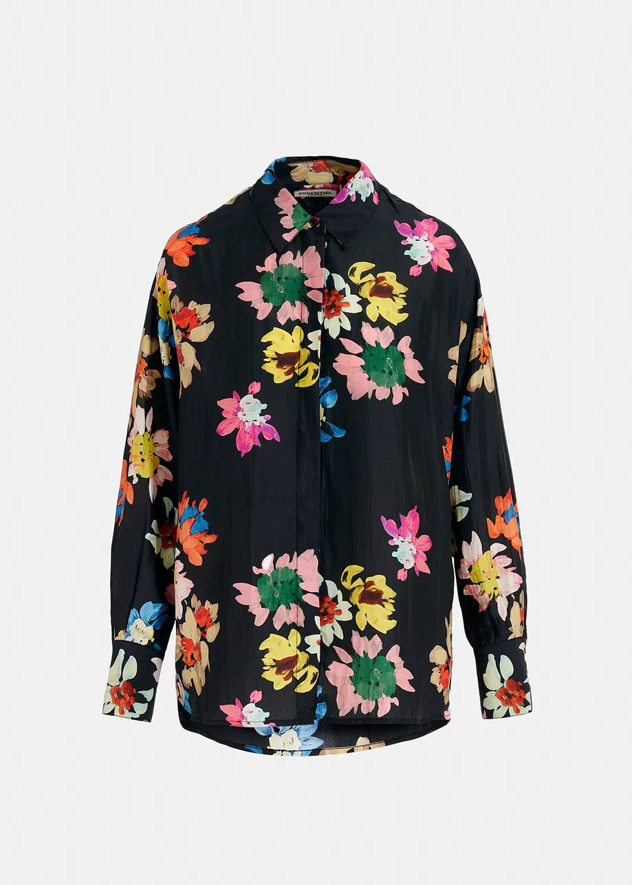 Black Silk Shirt With Floral Print
