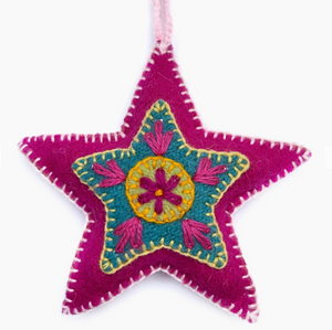 Pink Star Embroidered Wool Ornament