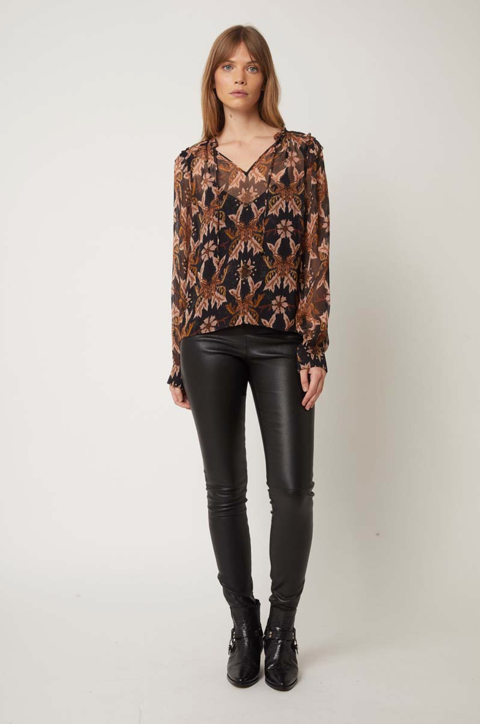 V-Neck Blouse with Ruffled Shoulders